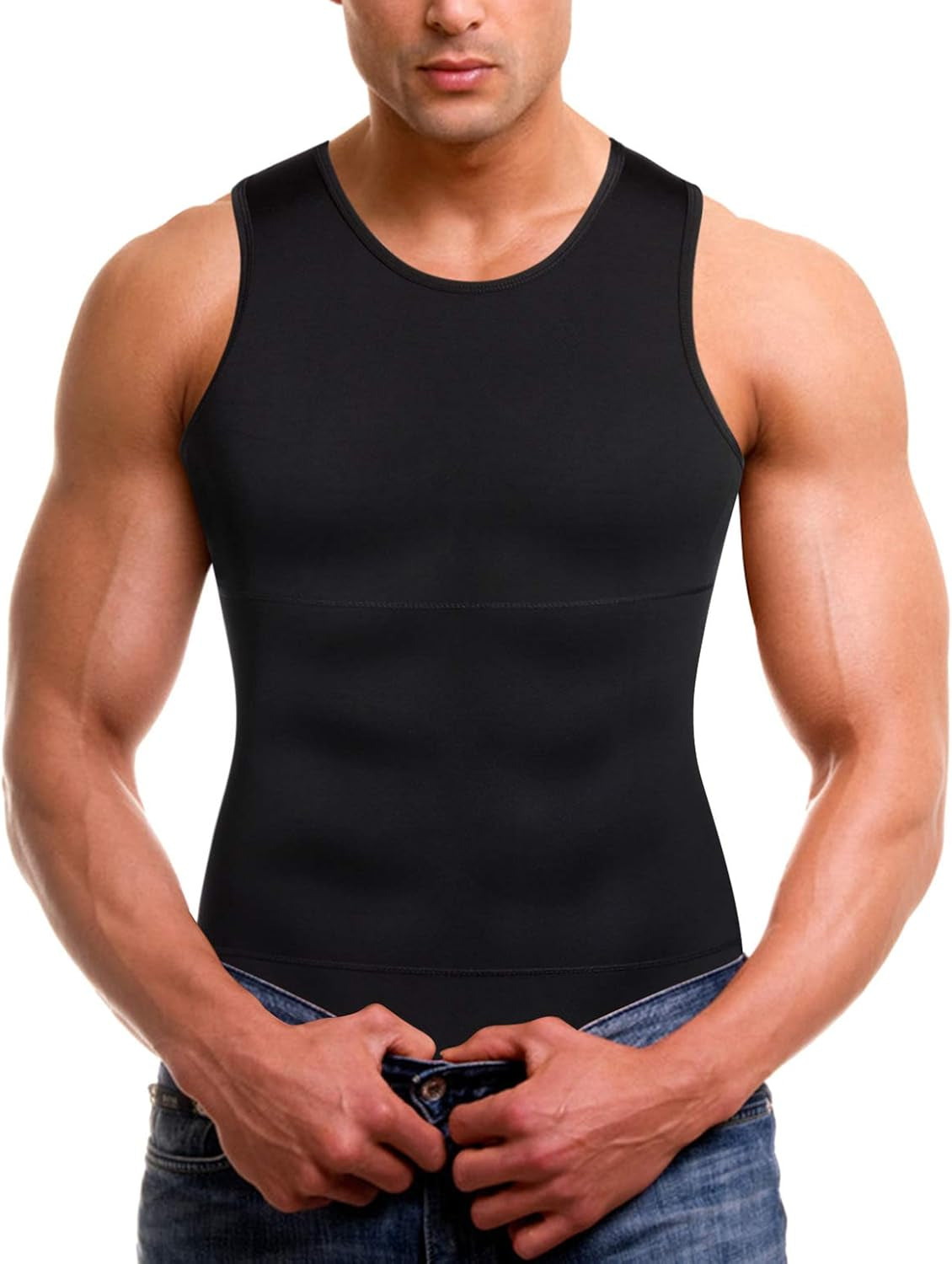 Men Sports Compression Shirt Shapewear Body Shaper Vest for Charming Body (Black Compression Tops, XL)