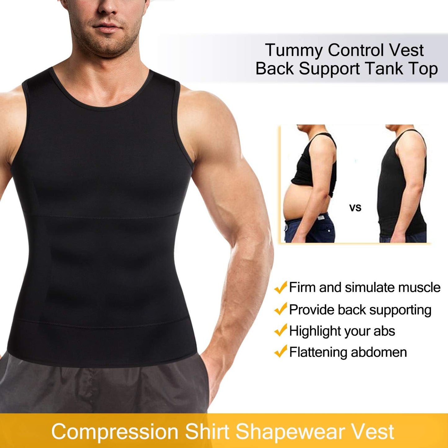 Men Sports Compression Shirt Shapewear Body Shaper Vest for Charming Body (Black Compression Tops, XL)